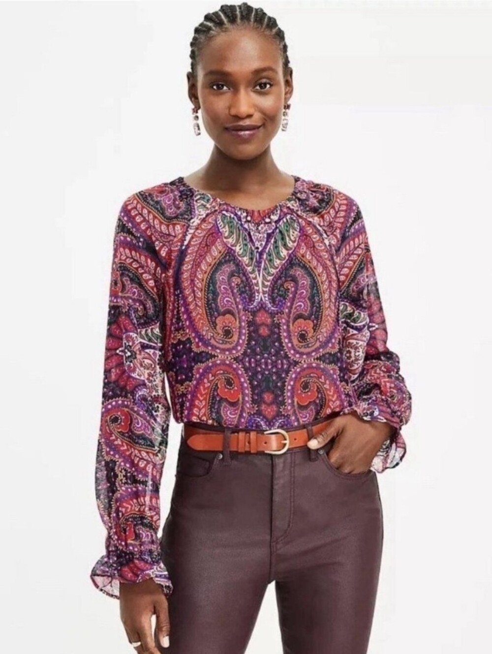 LOFT Paisley Print Long-Sleeve Blouse in Purple Multi
